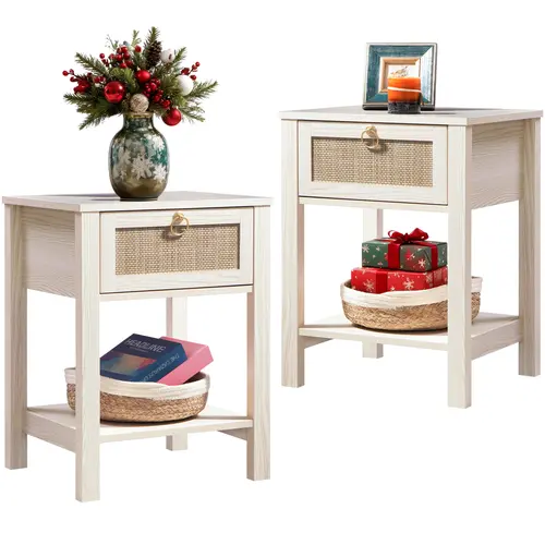 SICOTAS Nightstand Set of 2 - 15.2" x 17.7" x 23.6" Size Elegant Rattan Decor Drawer with Brass Knobs Night Stand Engineered Wood Bedside Table Boho End Tables Side Tables with Storage Shelf for Bedroom and Living Room