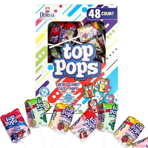 Top Pops Taffy Pops - 48 Count Soft Fruity Chewy Candy Shell Lollipops, 4 Fruit Assorted Flavors, Pre-Portioned, FD&C Blue 1, Contains Soy & Sulfites, All Ages Sweet Snack