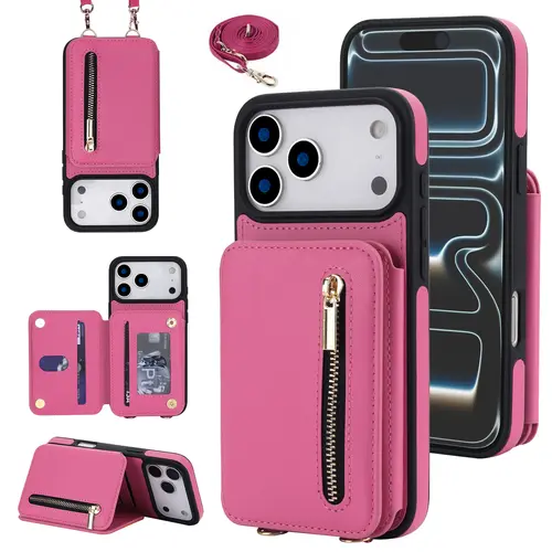 RFID Blocking Wallet Case for iPhone 18 Pro Max 17 16 15 14 13 Pro Max, Card Holder Case, Zipper Card Wallet, Flip Kickstand Case with Wrist & Crossbody Strap