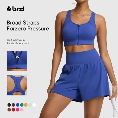 BRXL Women's Barefit Seamless Front Zip Sports Bra - High-Stretch Shaping Active Wear with Sewn-in Pads, Wide Racerback Straps for Medium-Impact Running, Yoga, Breathable Gym Gear
