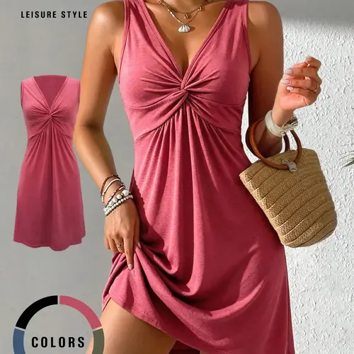 Women's Casual Dress Style Chic Sleeveless Short Dress, Cross Neck, Twist Design, Ruched A-Line Hem, Slim Fit, Soft Lightweight Fabric, All Seasons Wear, Summer, Womenswear