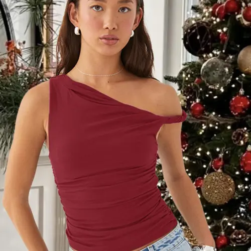 Women's Plain Ruched Asymmetrical Neck Tank Top, Fashion Casual Minimalist Sleeveless Top for Summer, Stretchy Fabric Tank Tops for Women, Ladies Slim-Fitting Clothes for Daily Wear, Women's Tops, Womenswear, Summer Tops Trendy