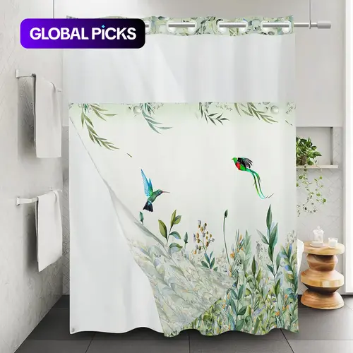 Bird & Flower Pattern Decorative Aesthetic Shower Curtain, Pastel Hook-Free Waterproof Design, Bathroom Decoration Accessory for Home Decor #GLOBAL PICKS