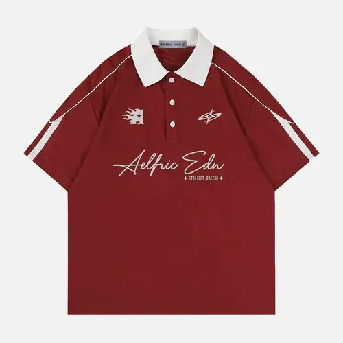 Aelfric Eden Men's Retro Motorsport Oversized Polo Shirt, Contrast Collar, Racing Graphic, Breathable Mesh Fabric, Stripe Patchwork, Unisex Streetwear Tops | Menswear Sports Clothes,summerwins,father'sdaygifts