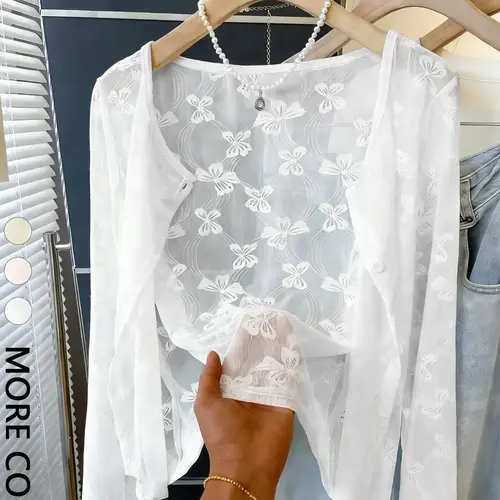 Women's Cropped Lace Knitwear, Sheer Long Sleeve Open-Front Cardigan with 3D Floral Embroidery, Breathable Mesh, Lightweight Knit Top, Fitted Casual Top for Photo Shoots & Weekend Outings