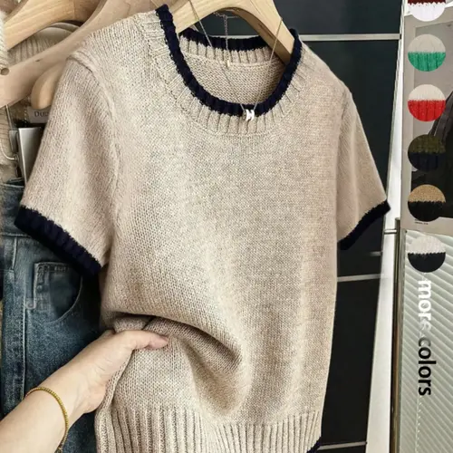 Women's Simple Round Neck Knitted Short Sleeve Top for Daily Commuting and Dating, Casual and Comfortable, Versatile Everyday Wear, Knitwear Womenswear Fit, Knit Clothing Daily
