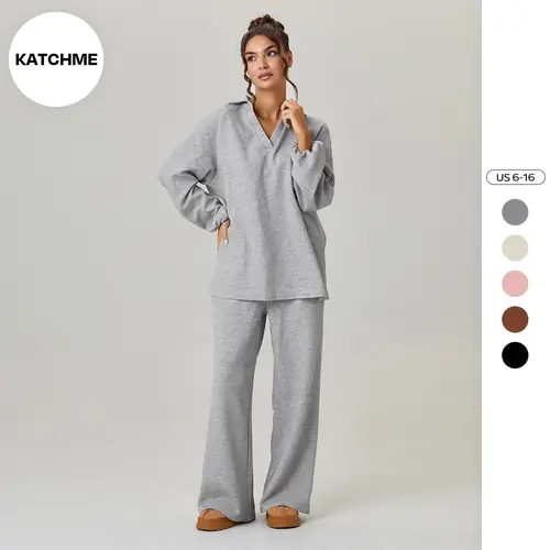 KatchMe Women's Versatile Solid Color V-Neck Loose Textured Pullover & Drawstring Waist Trousers Co-ord Set & Separates, Minimalist Soft Outfits, Simple Style Womenswear