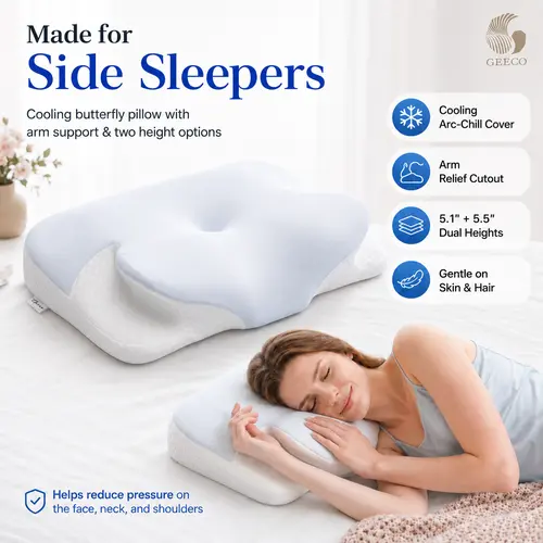 GEECO Contoured Memory Foam Cooling Cervical Pillow, Ergonomic Dual-Height 5.1/5.5in Neck Support Pillows for Sleeping, Anti-Dust Mite, Anti-Allergic, Breathable Removable Cover for Side & Back Sleepers