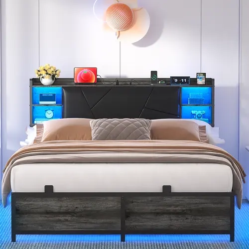 Homieasy Bed Frame with Charging Station and RGB LED Lights, Sturdy Platform Bed with Upholstered Storage Headboard, Solid Metal Slats, Noise Free, No Box Spring Needed, Easy Assembly, Full Size Black Oak