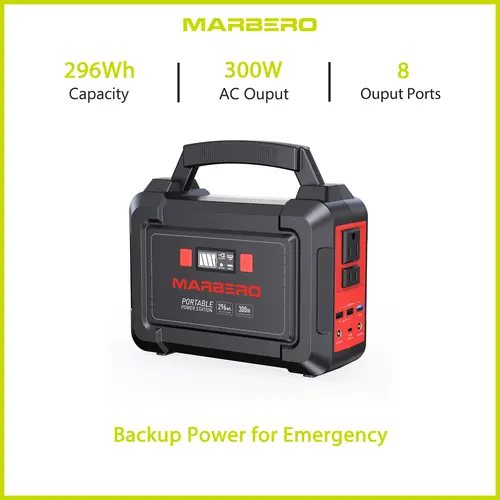 MARBERO 296Wh Portable Power Station Portable Charger with 2x300W Pure Sine Wave AC Outlets, 330W Surge, 8 Output Ports Built-in Flashlight with Strobe/SOS, Emergency Backup for Camping/Blackouts, Portable Power Supplies