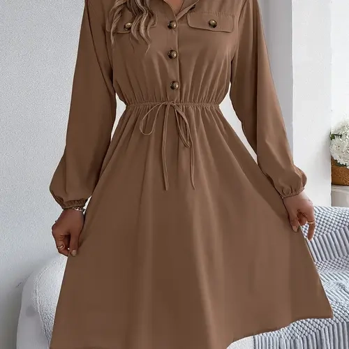 Women's Plain Button Front Drawstring Knot Front Long Sleeve Shirt Dress, Dresses with Pockets, Casual Elegant Pocket Bishop Sleeve Collared A Line Dress for Spring & Fall, Ladies Clothes for Daily Wear, Womenswear, Belted Dress