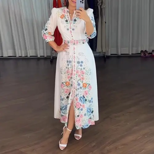 CHICME Women's Floral Print V-Neck 3/4-Sleeve Tied Detail A-Line Maxi Dress, Elegant Casual Wear with Romantic Floral Print Feels, Aline Slim Look for Wedding Guest (Maxi Casual Dresses)