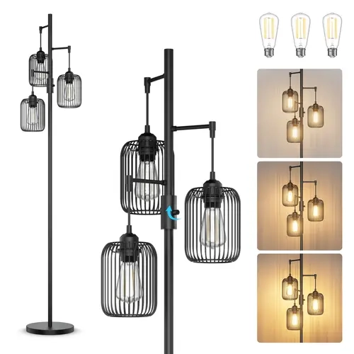 VALLERICO 70in Tall Modern LED Floor Lamp - Farmhouse Floor Lamps & Torchieres, Black Stepless Dimming, Gold Metal Frame, Durable Cage Shade, Stable Heavy Base, AC Power, 3-Bulb 900lm Wide Glow, Easy to Assemble, LED Lights Bedroom,Black Friday