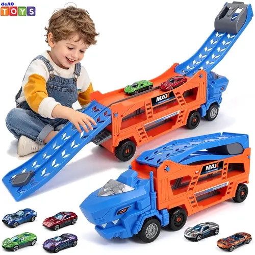 deAO Dinosaur Car Carrier Truck Toy with 6 Alloy Cars, Race Track Launcher Ramp, Dinosaur Transport Garage Playset, Portable Vehicle Storage Truck, STEM Racing Toys for Boys Girls Ages 3-8