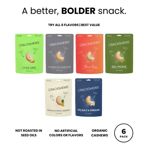 Crackshew Variety 6 Pack - Cashew Snack 6 Pack - Roadtrip snacks, cashews, Protein snack
