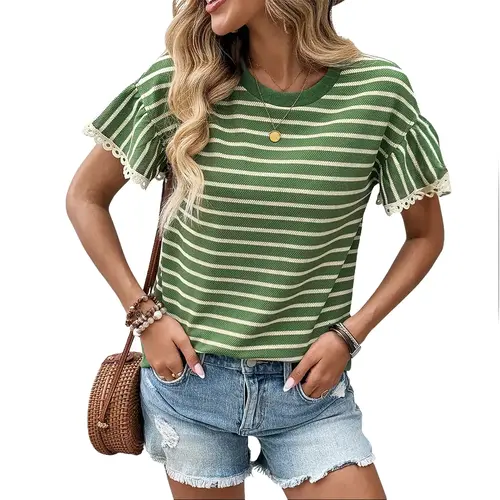 Shewin  Women's Round Neck Striped Knit T-shirt - Ruffle Sleeve Eyelet Lace Trim Loose Casual Top for Daily Outings  DealsForYouDays,summerwins,summeroutfits,vacationoutfits,beachoutfits Shortsleeve Crewneck Grass Green