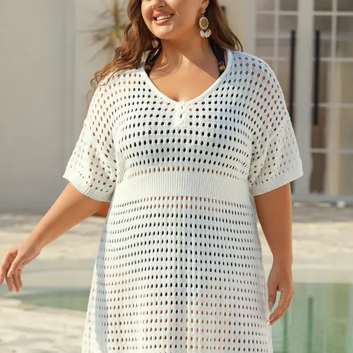 BloomChic Plus Size Women's Swimsuit Cover-Up [M-6X] - Curvy Clothing with Cut-Out, Waist-Cinched Button Detail, 2026 Summer Beach Outdoor Wear Mesh Hollow Out Beach Dress, Lightweight Swimsuit Cover Up,Spotlight,Summer wins,Deals for you days