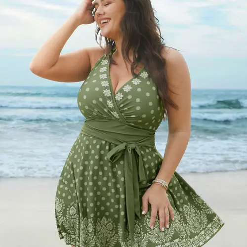 BloomChic Boho Print Waist-Tie Surplice Neck Swim Dress 【M-6XL】