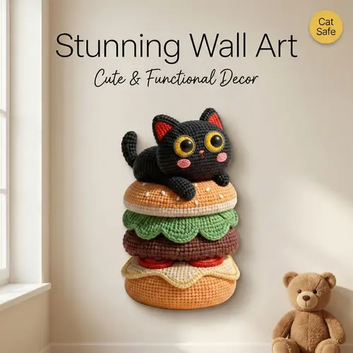 SmartWell 5D Illusion Art Cute Cartoon Animal Print Burger Cat Scratching Pad Mat - Flat Felt for Comfy Claws, Peel-Stick Self-Adhesive Furniture Protector, Wall-Mounted Foldable Home Decor with Cat Toy, Woven Basket-Like Look
