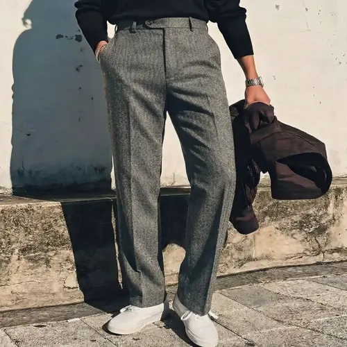 Men's Vintage Herringbone Tweed Dress Pants - Mid-Rise, Straight Leg, Dark Gray Suit Trousers for Business & Formal Occasions, Business Trousers| Vintage Herringbone Pattern SpringStatements Stylish Menswear