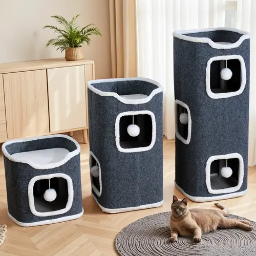 Raybee Multi-Level Vertical Cats Tower House for Indoor Cat Cave Bed with Hanging Toy Ball Space-Saving Cute Cat Condo Pets Furniture Kitten House #FamilyFun