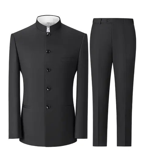 Men's 2-Piece Slim-Fit Formal Stand Collar Chinese Tunic Suit - Long Sleeve Blazer & Coat Set for Groom Wedding, Business Menswear Formal Wear Plain Men's Outfit Sets