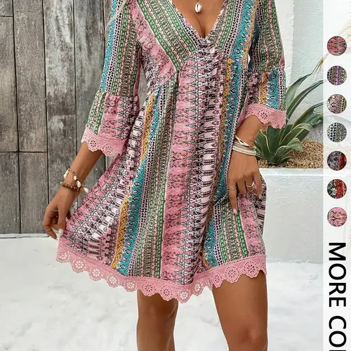 Women's Bohemian Style Boho Chic V-Neck Long Sleeve Lace Trim Feminine Dress for Vacation, Elegant Party Wear, Comfortable & Stylish, Elegance