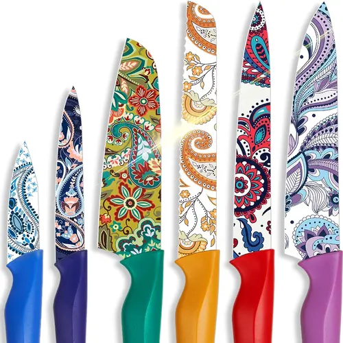 Astercook Paisley 6-Piece Colorful Kitchen Knife Block Set - Includes Bread Knife Blade, Essential Utensils, Portable Travel Gadgets, Ideal for Home Cooks, Christmas, Wedding, Birthday Gifts, Camping Use