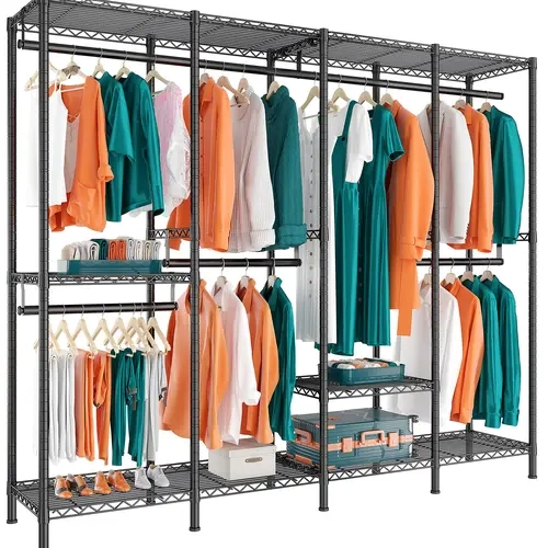 Raybee Heavy-Duty Metal Clothes Rack - 990LBS Capacity Freestanding Bedroom Hanger Stand, 6-Layer Clothes Organizer with 88lb Adjustable Clip-Move Shelves (6 Shelves Tame Clutter), Detachable Bars, 77" Double Hang, 76" W x 18" D x 77" H Indoor Coat Rack