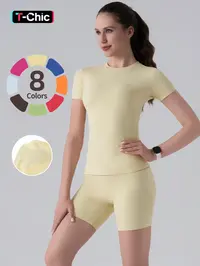 Two-Piece Set Women's Solid Round Neck Tee & High Waist Biker Shorts Tracksuit Set, Casual Sportswear Athletic Fashion Activewear for Indoor Outdoor Wear Sweatsuit Set, Sporty Style Outfits