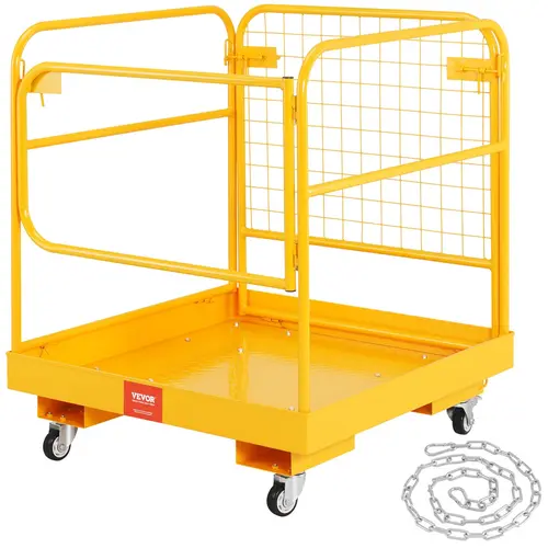 VEVOR Galvanized Metal Foldable Pallet Loader Safety Cage, 1200 lbs Load Capacity, 36x36 in (36 x 36 inches) Work Platform, Lockable Safety Door, Lockable Swivel Wheels, Drain Hole, Device Chain, Holds 1 to 2 Adults for Aerial Work