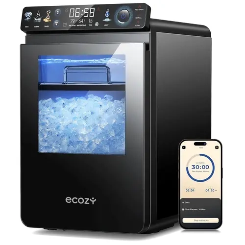 <Summer Essentials> ecozy Nugget Ice Maker Countertop, Smart Pebble Ice Machine with APP Control, 44 lbs/24H Soft Pellet Chewable Ice with Self-Cleaning, Stainless Steel