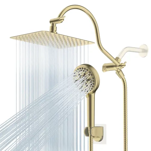 Hibbent All-Metal CUPC Certified Shower Upgrade Kit, 10'' High-Pressure Rainfall & Handheld Showerhead Set with 12-inch Extension Arm, 10-Spray Modes, 71-inch Hose, 3-Way Diverter, Wall Mount Holder, Brushed Gold for Hair Washing, Baby Baths