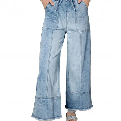 Shewin Women's Oversize Summer Loose Wide Leg Jeans - Drawstring Elastic Waist, Patchwork Seam, Frayed Cuff Hem, Fade-Resist Denim Bottom Pants for Women, Daily Outings, Back to School Shopping DealsForYouDays