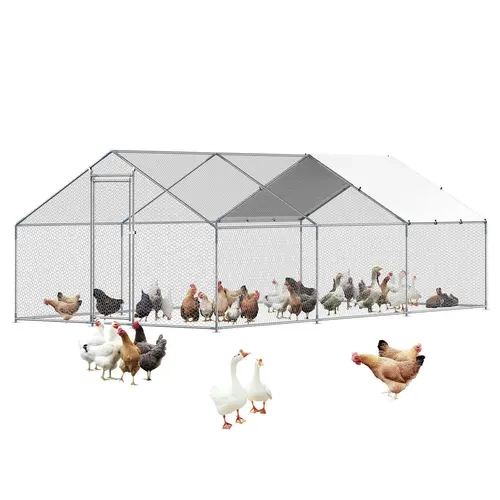 【FathersDayGift】VEVOR Metal Chicken Coop,  , 9.8x19.6x6.5 ft Large Walk-in Chicken Runs with Cover, Spire Roof Hen House Enclosure with Security Lock, Outdoor Duck Rabbit Cage Poultry Pen for Backyard, Farm, Yard