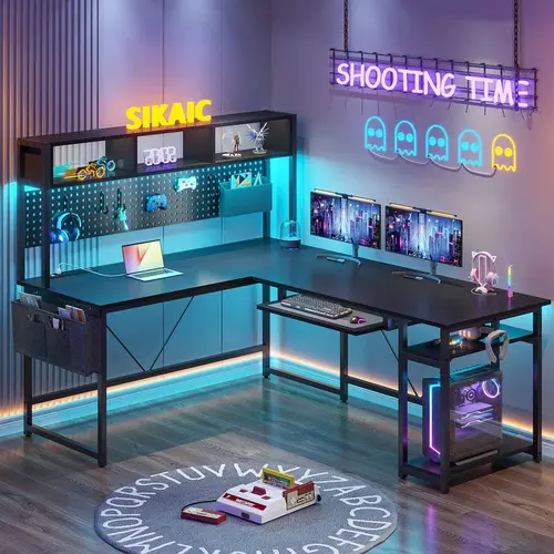 Sikaic L Shaped Gaming Desk, Reversible Computer Desk with Power Outlet and Pegboard, Gaming Desk with Led Lights, Keyboard Tray and Storage Bag for Home Office Hutch, Home Furniture Christmas Gifts cozy home familyfun [TikTokShopblackfriday]