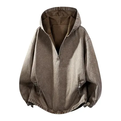 Men's Pure Cotton Washed Half-Zip Hoodie - Menswear Tops, Plain Sweatshirt, Vintage Retro Everyday Wear, Medium Length, Loose V-Neck, Long Sleeves, Soft Breathable Fabric, Zip Pockets, Elastic Hem Cuffs, Spring Trend, Machine Washable, S, Halloween