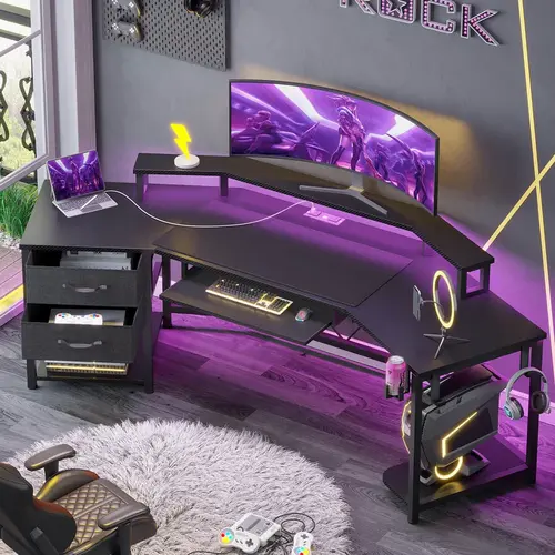Sikaic 79" Gaming Desk, Computer Desk with 2 Fabric Drawers & LED Light, L Shaped Gaming Desk with Storage Shelf for Home Office, Carbon Fiber Desk Workstation, Home Furniture Christmas Gifts cozy home familyfun [TikTokShopblackfriday]