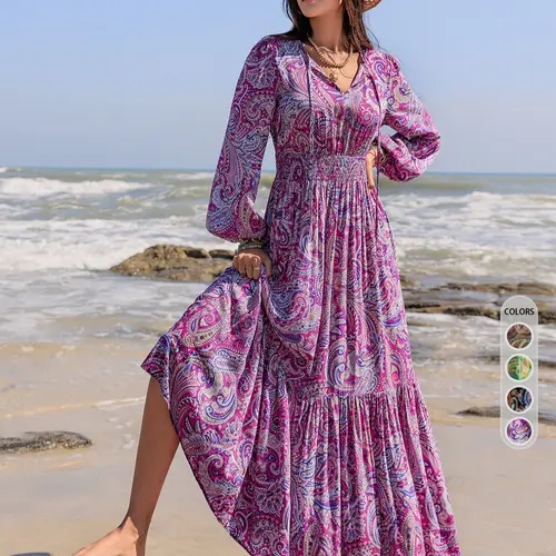 Women's Boho Bohemian Style Long Sleeve Woven Paisley Print Dress with Fitted Waist, Comfortable and Stylish for All Seasons, Perfect for the Beach, Summer