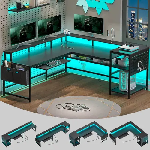 Sikaic L-Shaped Gaming Desk, Reversible Computer Desk with Power Outlets & LED Strip, Gaming Desk with Monitor Shelf, Keyboard Tray, Pegboard and Storage Shelves for Home Office, Home Furniture Christmas Gifts cozy home familyfun [TikTokShopblackfriday]