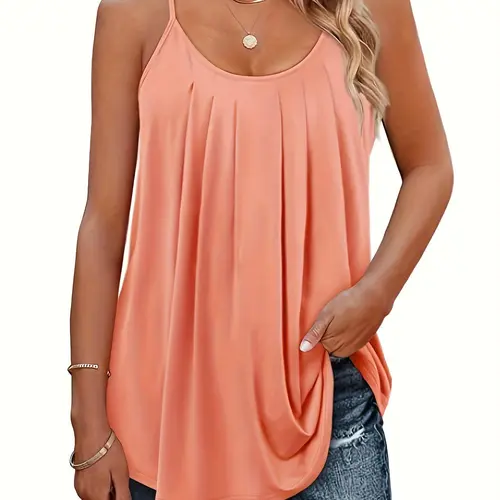 【Plus Size】Plain Plicated Scoop Neck Cami Top, Casual Adjustable Spaghetti Strap Top for Summer, Summer Outfits 2024, Women's Plus Size Clothing for Daily Wear