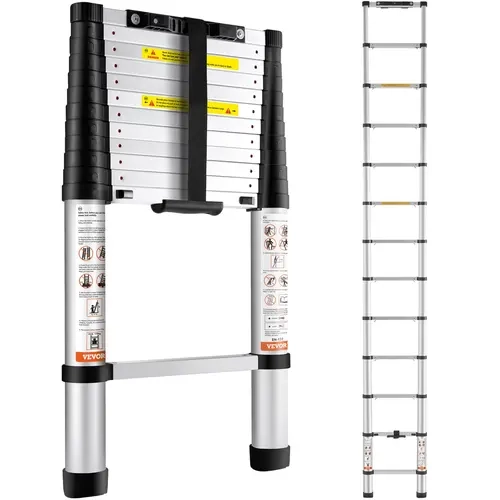 【FathersDayGift】VEVOR Telescoping Ladder,  ,   Aluminum One-button Retraction Collapsible Extension Ladder, Capacity with Non-slip Feet, Portable Multi-purpose Compact Ladder for Home, RV, Loft, ANSI Liste
