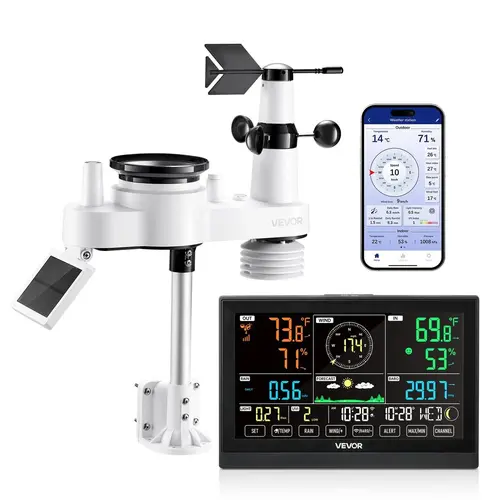 【FathersDayGift】VEVOR 7-in-1 Wi-Fi Weather Station with APP, 7.5-Inch VA Display, Wireless Solar Powered Outdoor Sensor, Rain Gauge, Indoor Outdoor for Weather Forecast, Wind Speed, Temperature, Humidity, Rainfall