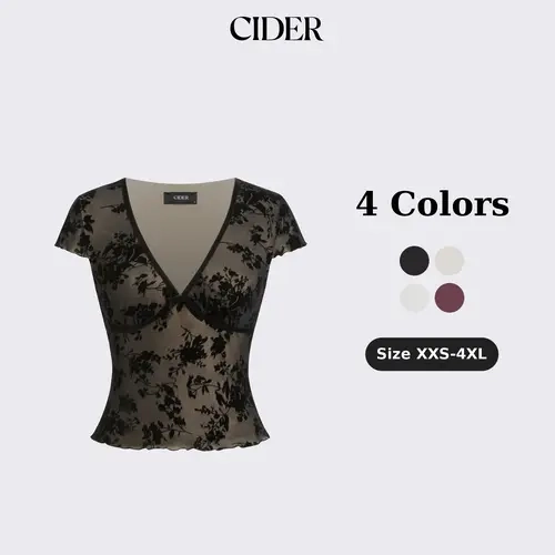 Cider Textured Floral V-neck Lace Panel Crop Top
