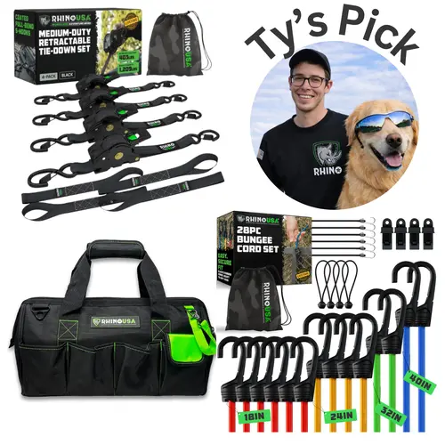 Ty's Pick - Rhino USA Retractable Ratchet Set with Heavy Duty Tool Bag and 28pc Bungee Cord Set
