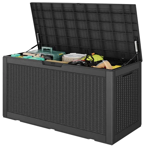 100 Gallon Storage Deck Box, Resin Waterproof Deck Box Outside, Imitation Rattan Weave Texture for Patio Furniture, Garden Tools, Pool Supplies, Weatherproof and UV Resistant, Lockable