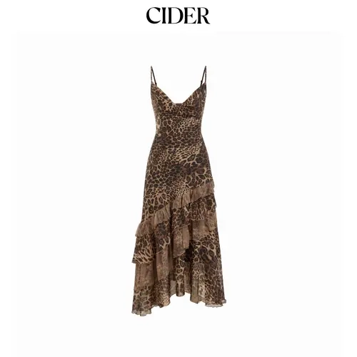 Cider Leopard Cowl Neck Ruffled Asymmetrical Maxi Cami Dress