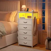 [with Free Gifts] Raybee Tall Nightstand with LED Lights & Charging Station, Narrow  Dresser with 4 Drawers & Side Pockets & Hanging Hooks, Tall Storage Tower End Side Table for Living Room, Dorms, Apartment, Entryway, Bedside Organizer Hub, Printer Stand