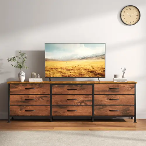 Sweetcrispy 9-Drawer Narrow Form TV Stand - Sturdy Metal Frame TV Console Cabinet, Adjustable Feet Prevent Tipping, Fits Up to 75in TVs, Modern Furniture for Living Room, Modern Home Decor