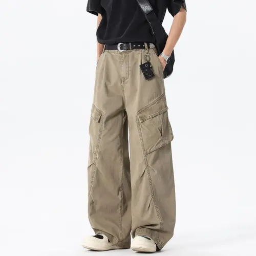 Menswear Outdoor Cargo Pants - Men's Pure Cotton Regular-Fit Curved-Cut Fashion Pants, Casual, Stylish, Drapey Soft, Breathable, Plain, Loose, Large Pockets, for Spring/Autumn Hiking & Commuting